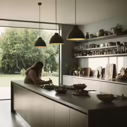 woman standing in front of a large window working on a laptop