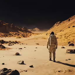 a person with a backpack is walking through a desert