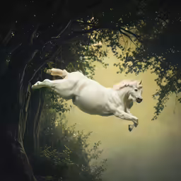 a white horse is riding past the tree