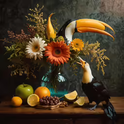 two toucans in a vase with flowers and fruit