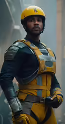 a man in yellow is wearing some kind of costume