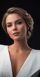 a woman is posing for the camera in a studio
