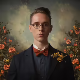 a man with glasses, a suit and bow tie