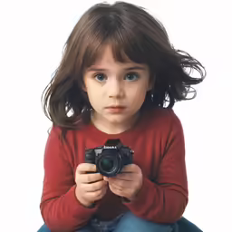 a little girl holding up a camera in her hands