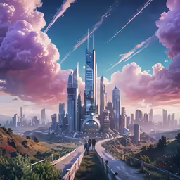 an surreal landscape of city with futuristic buildings and a sky filled with jets