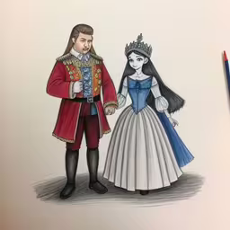 a man and woman are in historical costumes,a picture of a drawing of the same couple