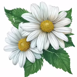 three white daisies and green leaves on a white surface