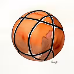 a watercolor painting of a basketball with a black line running through the ball,a painting of a ball that is painted in different colors
