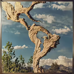a dried up tree has an animal standing next to it