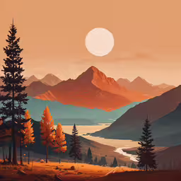 an orange landscape with mountains, trees and a sunset,a painting shows a mountainous lake on the horizon