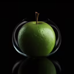 an apple is in a small glass bowl