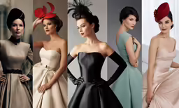 women in dresses and hats are standing together