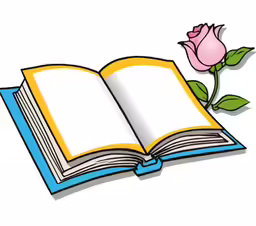 an open book with a rose on top