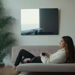 a young woman laying on the couch is looking at a painting
