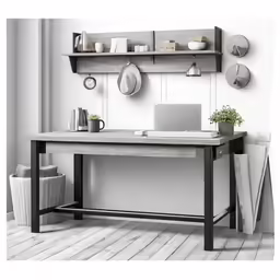 a home office area with wooden shelves and a laptop computer