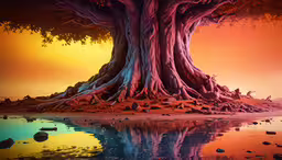 the large tree has an intricate trunk on it,a tree with orange sky and water in the foreground