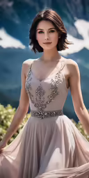 a woman in a long evening dress smiling and standing