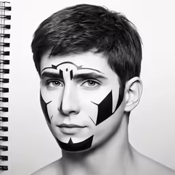 a young man is wearing black and white face paint