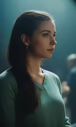 a woman in a green shirt sitting down
