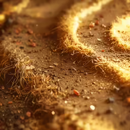 an area of dirt and some grass with yellow light