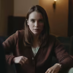 a young woman sitting at a table holding a glass in her hand