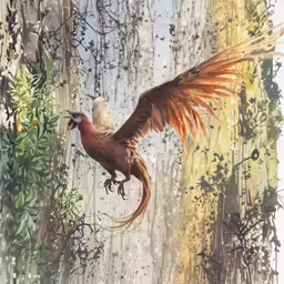 a painting with a bird and plants