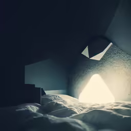 light shining in the window of a dark room on a bed