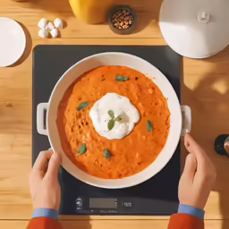a person is holding a spoon over a bowl of carrot soup