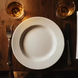 a white plate sitting on top of a wooden table next to a wine glass
