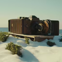 an old camera in the snow near the water