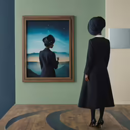 a woman standing next to a painting on a wall