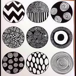 six circles with different patterns on them, one black and white,several different black and white circular patterns with a brown frame