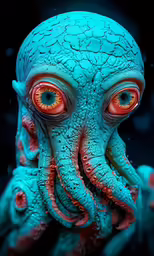 an octopus with orange eyes looks at the camera