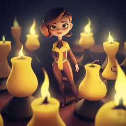 a cartoon girl in front of many lit candles