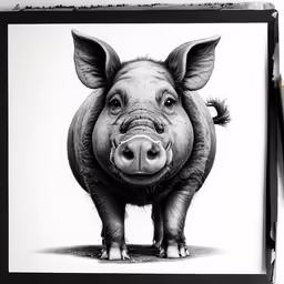 a small pig standing next to a drawing paper