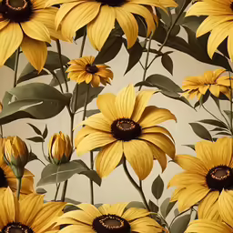 a painting with yellow flowers and green leaves