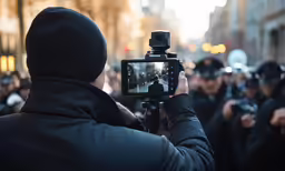 a person taking pictures of some buildings