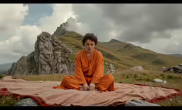 the person is sitting on the tarp in front of a large rock