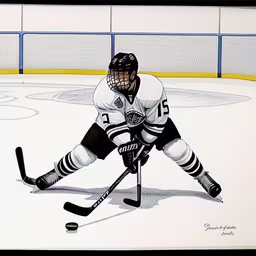 this is an image of a hockey game going on,a painting of a goalie playing hockey on the ice