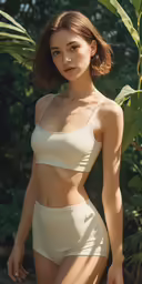 a woman in a nude underwear next to a tree