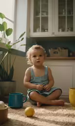 a toddler sitting on a kitchen floor next to some food