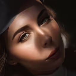 the girl has light brown eyes with a black hat on her head