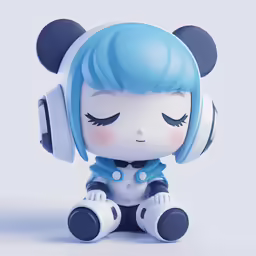 a white and blue doll with headphones