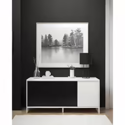 black and white modern tv stand with white and black accents