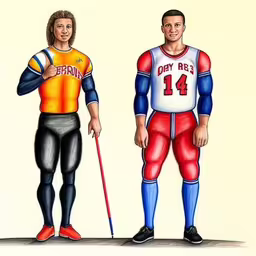 two identical outfits, the second is male and the third is female,a drawing of two athletes that are different colors