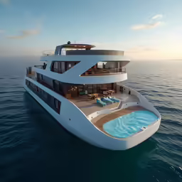 a large boat is sailing on water near another boat