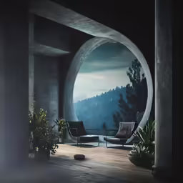 a round window overlooking a forest sits near a modern couch