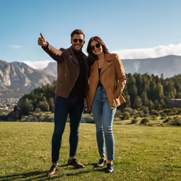 a man and woman on a field showing the thumbs up sign