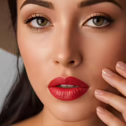 a young lady is putting on a red lipstick