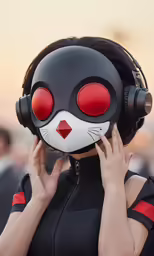a woman in costume is wearing some headphones